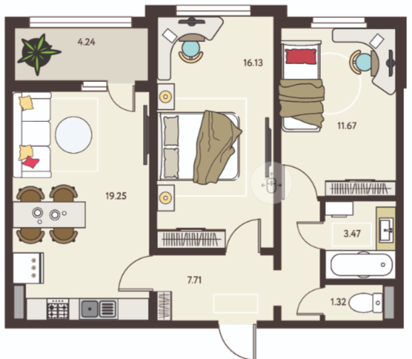 2-комнатная 61.7 м2 в ЖК undefined корпус null этаж 13