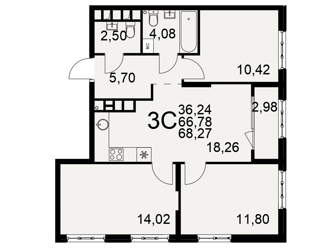 3-комнатная 66 м2 в ЖК Символ корпус null этаж 6