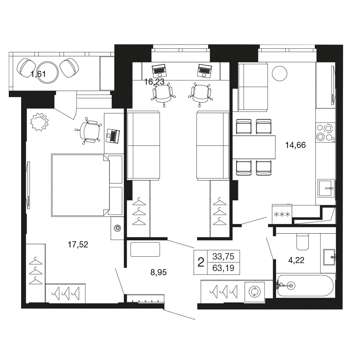 2-комнатная 63 м2 в ЖК Времена года корпус null этаж 9