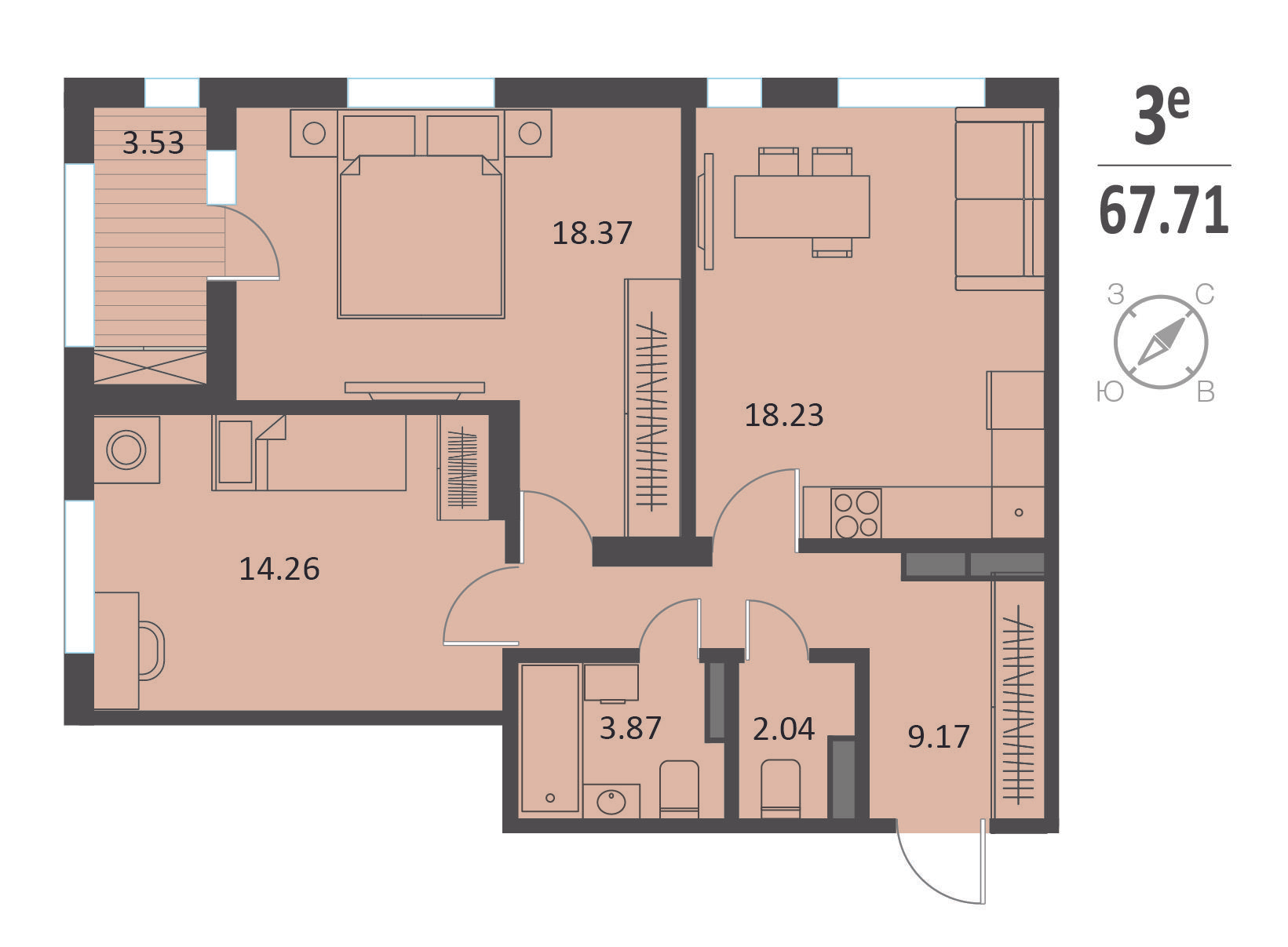 2-комнатная 67 м2 в ЖК Инстеп.Хуторская корпус null этаж 13