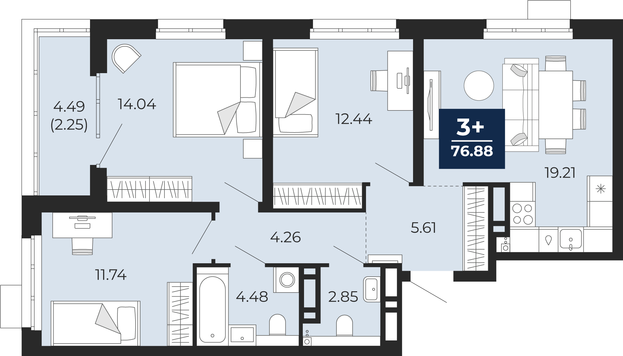 3-комнатная 74 м2 в ЖК Прео корпус null этаж 11