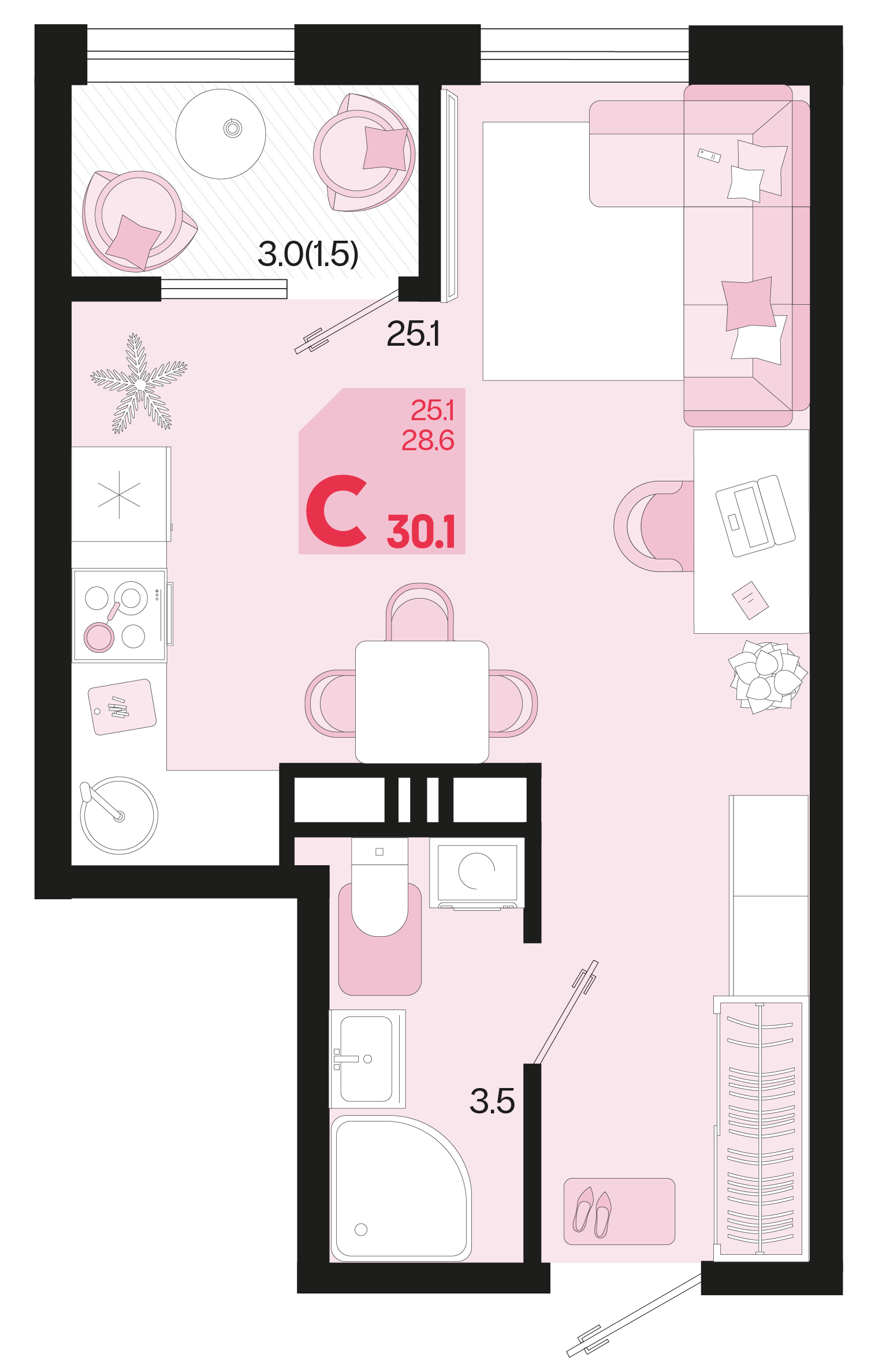 Студия 30 м2 в ЖК Первое место корпус null этаж 16