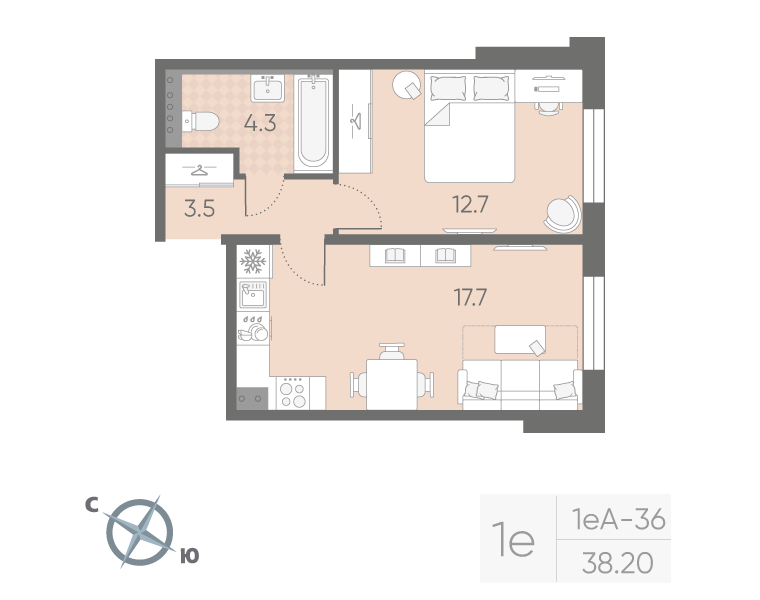 1-комнатная 38 м2 в ЖК Пулково Lake корпус null этаж 3