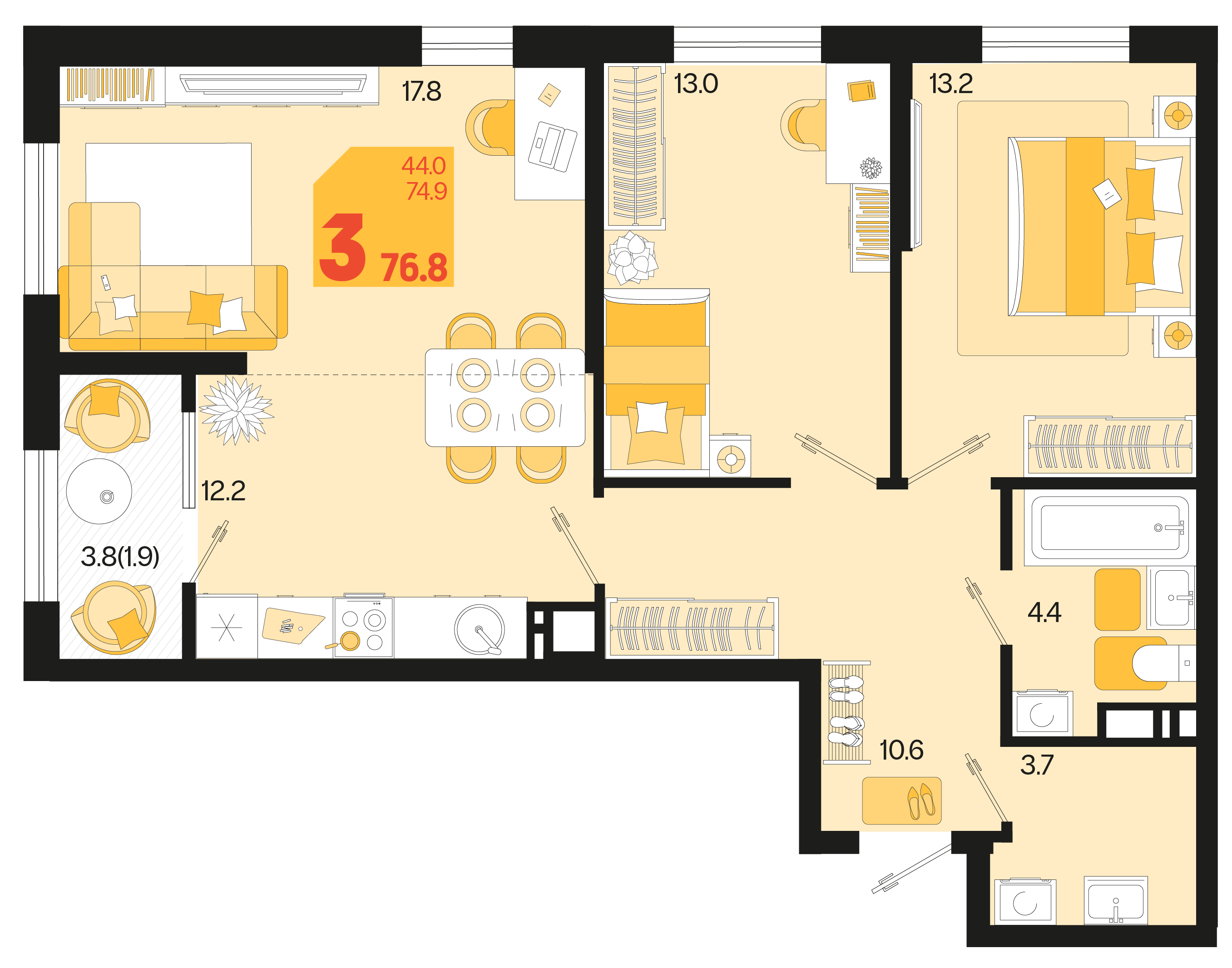 3-комнатная 76 м2 в ЖК Первое место корпус null этаж 16