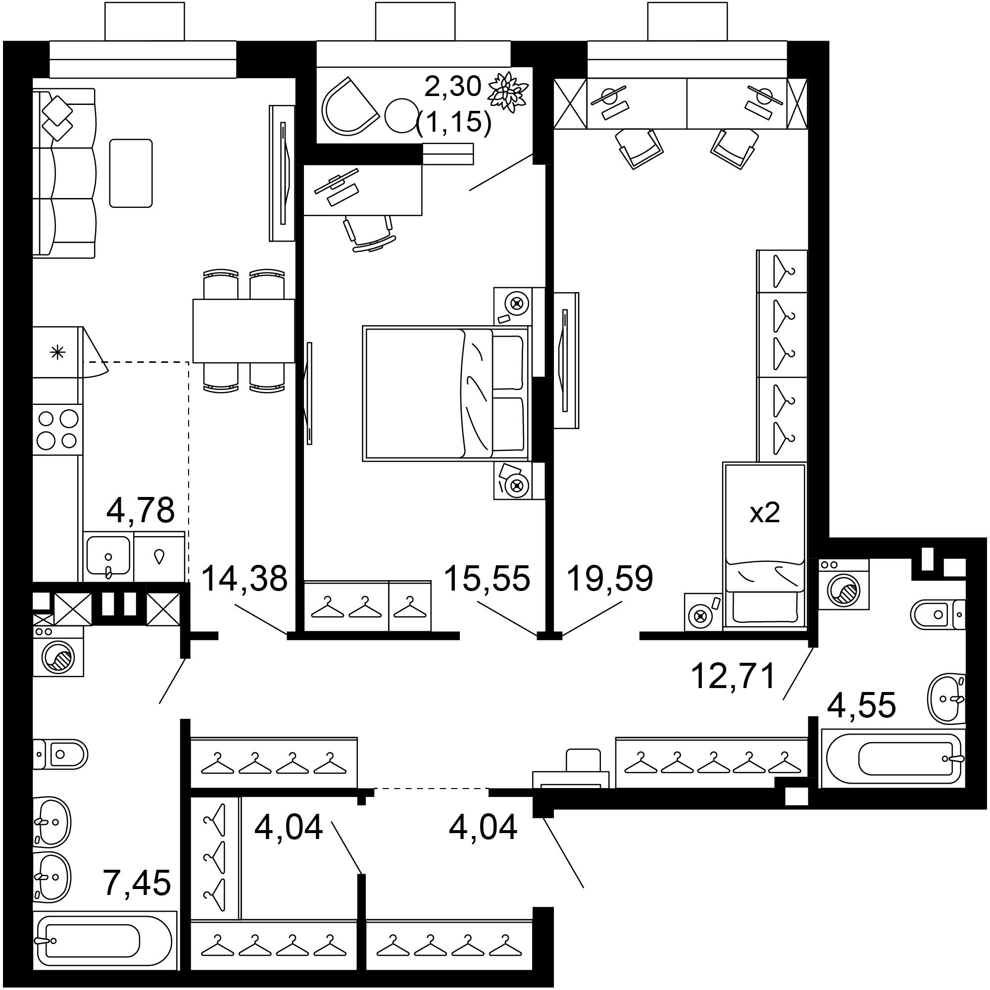 3-комнатная 88 м2 в ЖК 1799 корпус null этаж 1