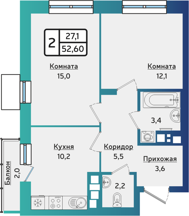 2-комнатная 52 м2 в ЖК ARTNOVA корпус null этаж 8