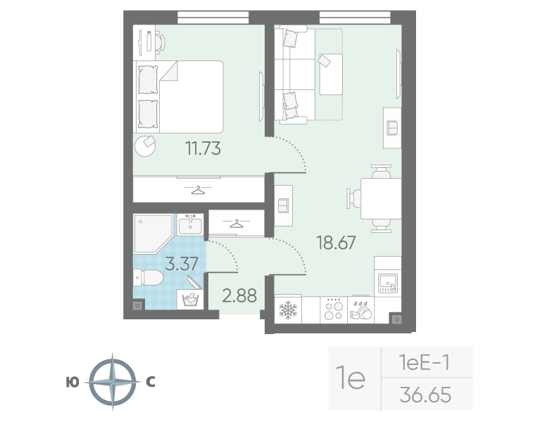 1-комнатная 36 м2 в ЖК Морская миля корпус null этаж 21