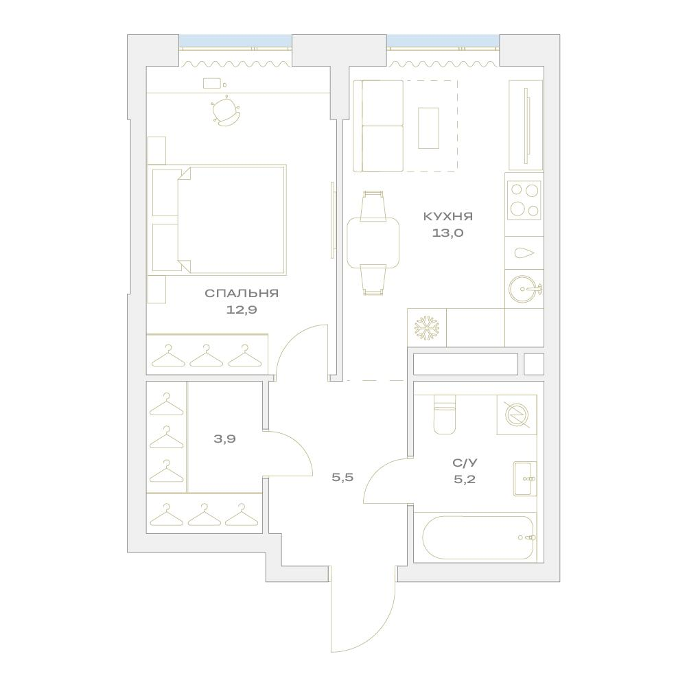 1-комнатная 40 м2 в ЖК Детали корпус null этаж 8