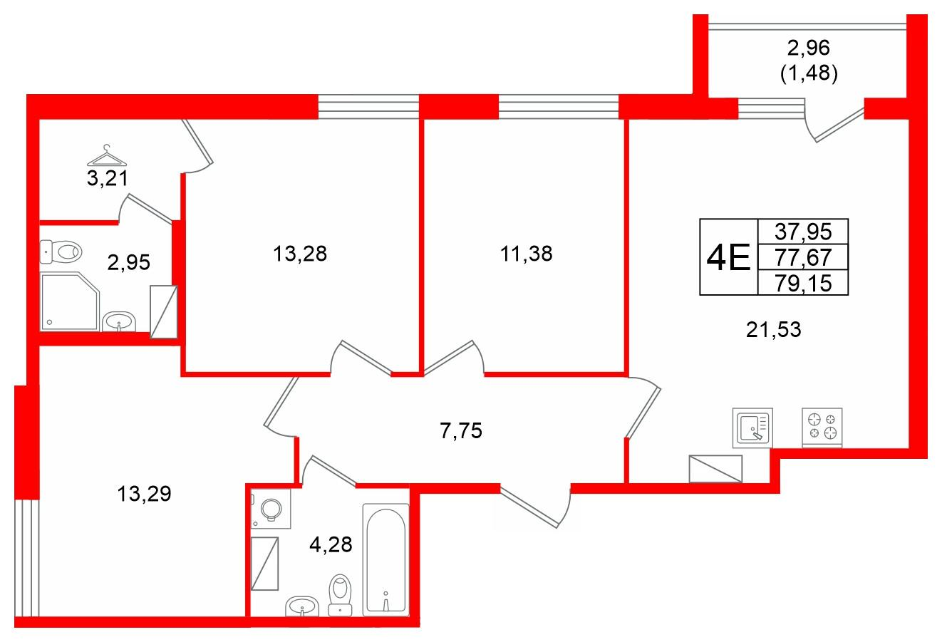 3-комнатная 79 м2 в ЖК Квартал Заречье корпус null этаж 7