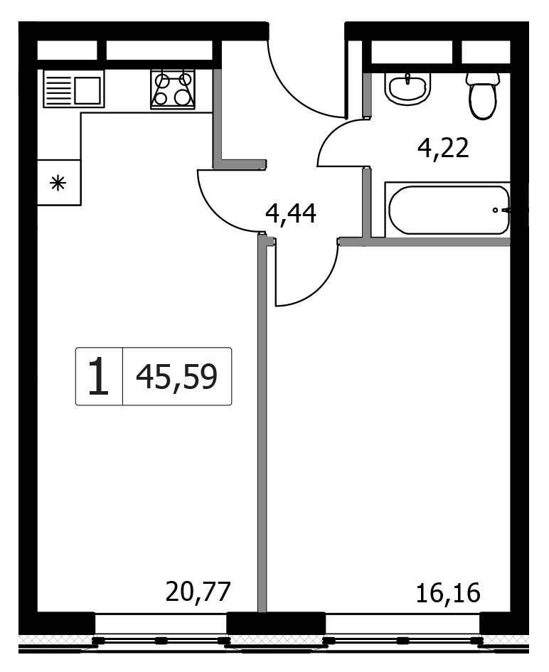 1-комнатная 45 м2 в ЖК Городские Истории корпус null этаж 6