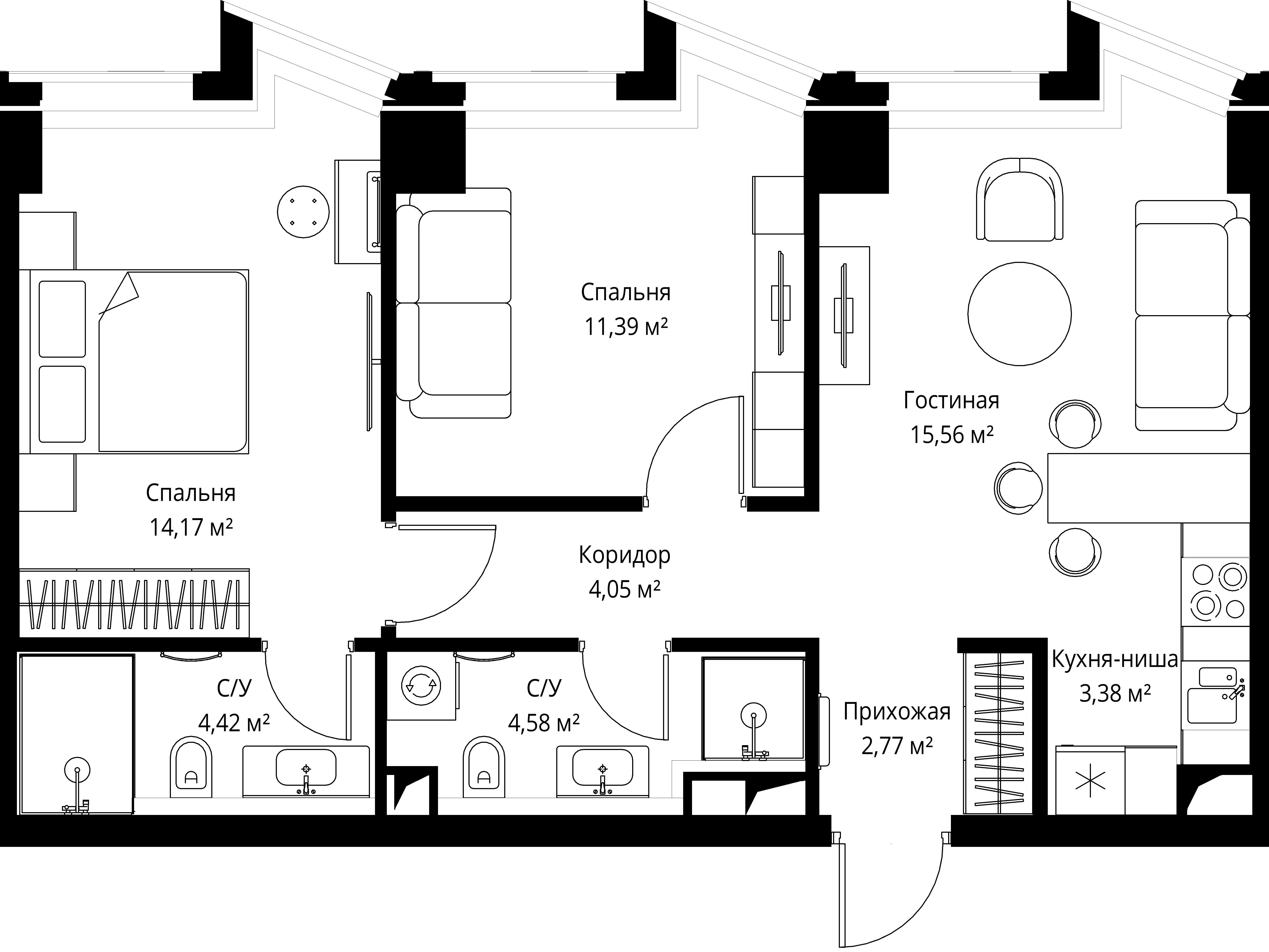 2-комнатная 60 м2 в ЖК Famous корпус null этаж 20