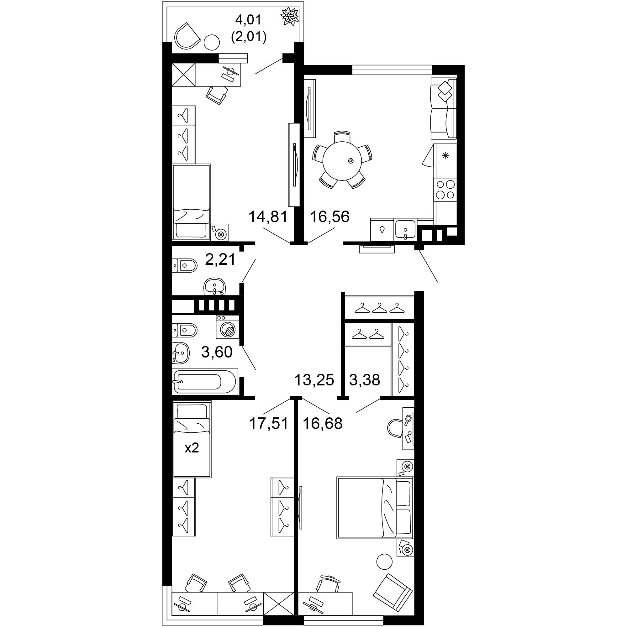 3-комнатная 90 м2 в ЖК 1799 корпус null этаж 4