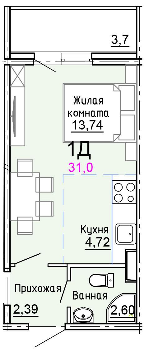 Студия 31 м2 в ЖК undefined корпус null этаж 4