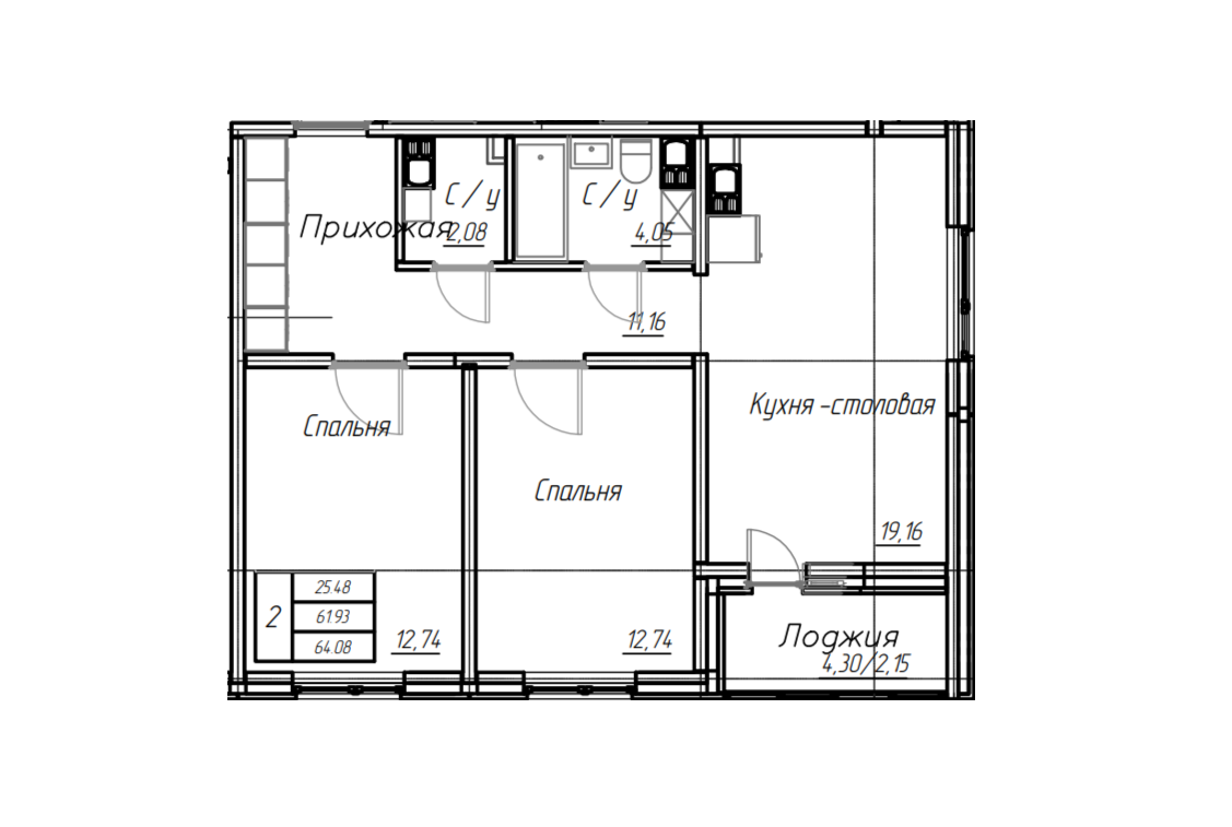 2-комнатная 64.1 м2 в ЖК undefined корпус null этаж 3