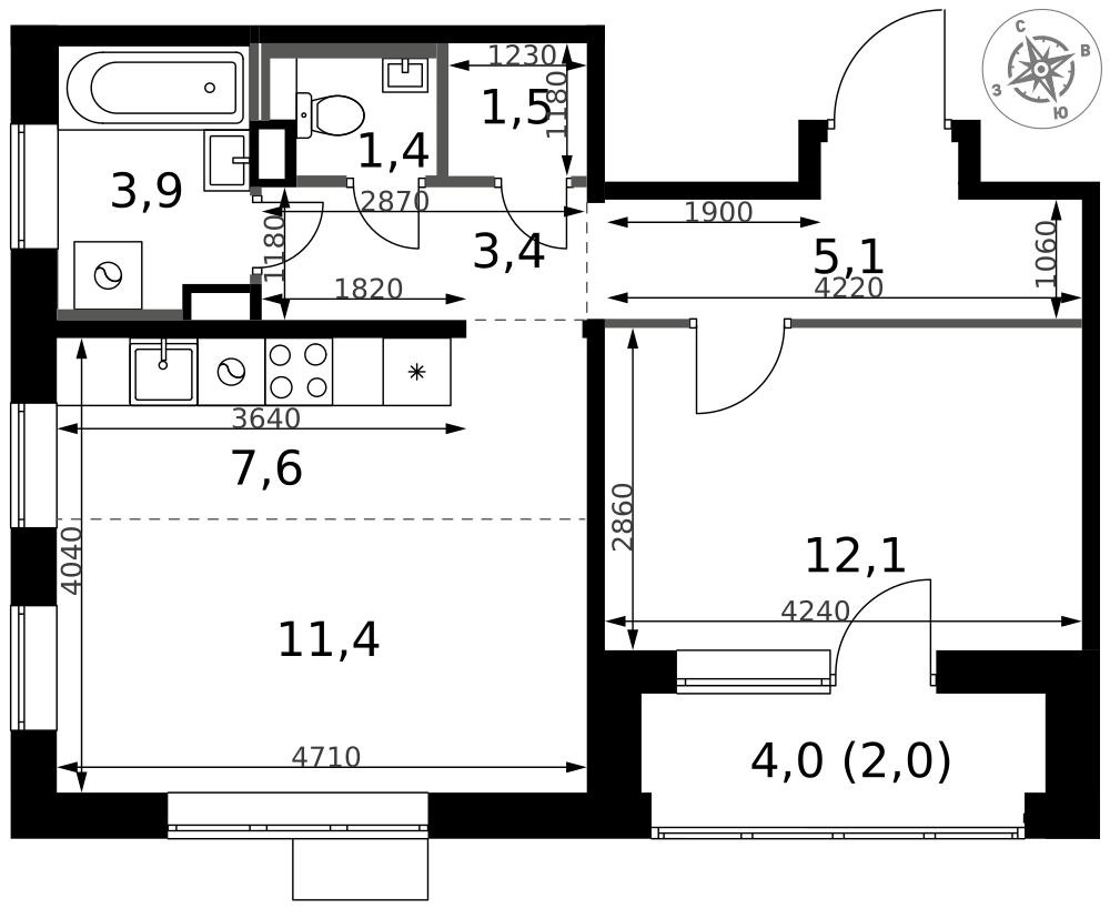 2-комнатная 48 м2 в ЖК 1-й Химкинский корпус null этаж 4