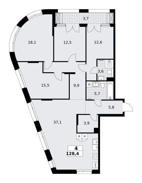 4-комнатная 128 м2 в ЖК Хольм корпус null этаж 4