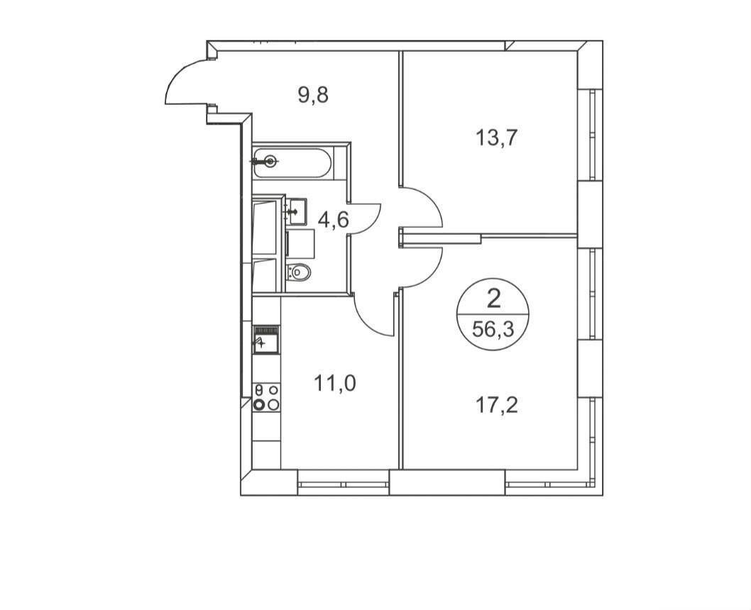 2-комнатная 56 м2 в ЖК undefined корпус null этаж 3