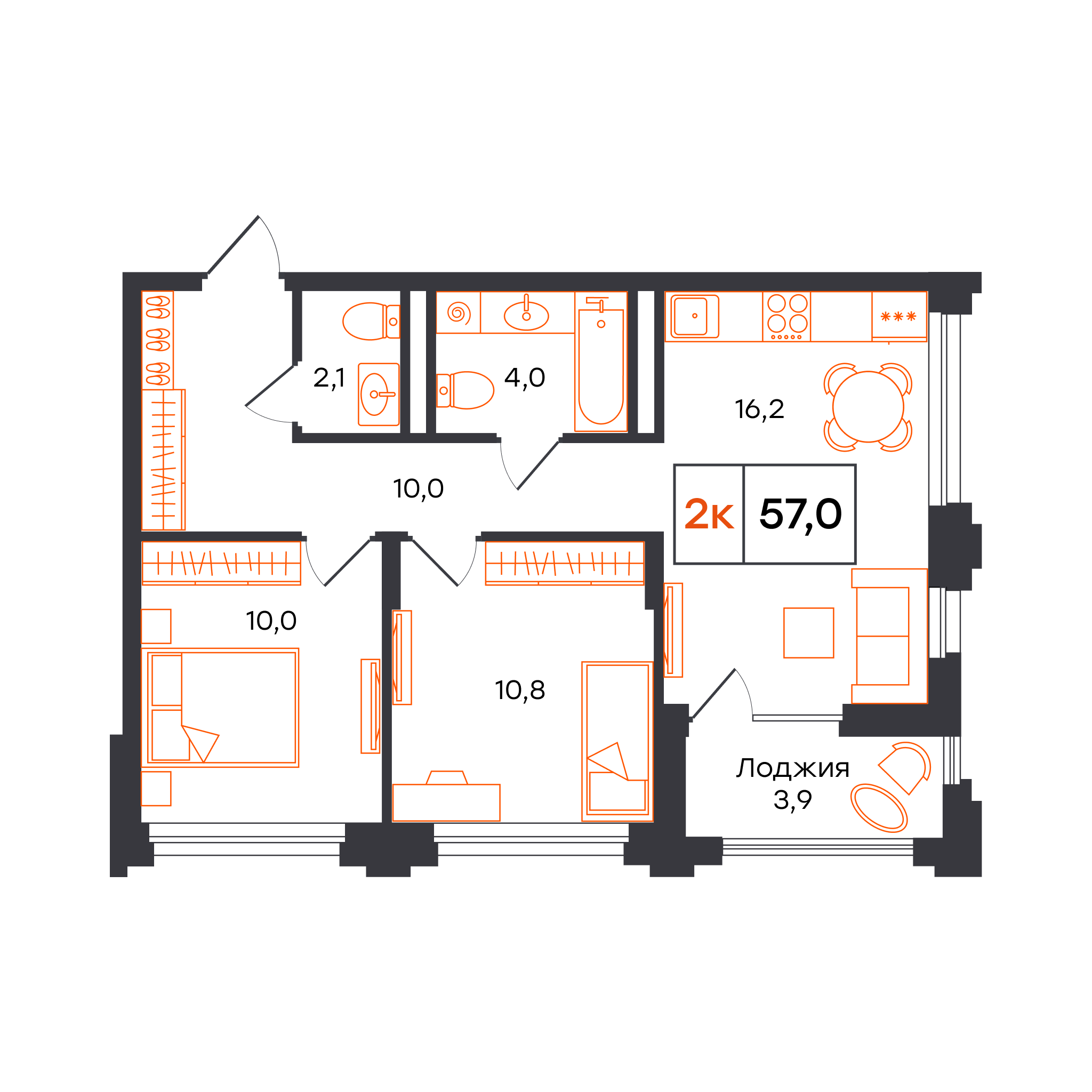 2-комнатная 57 м2 в ЖК Александровский корпус null этаж 2