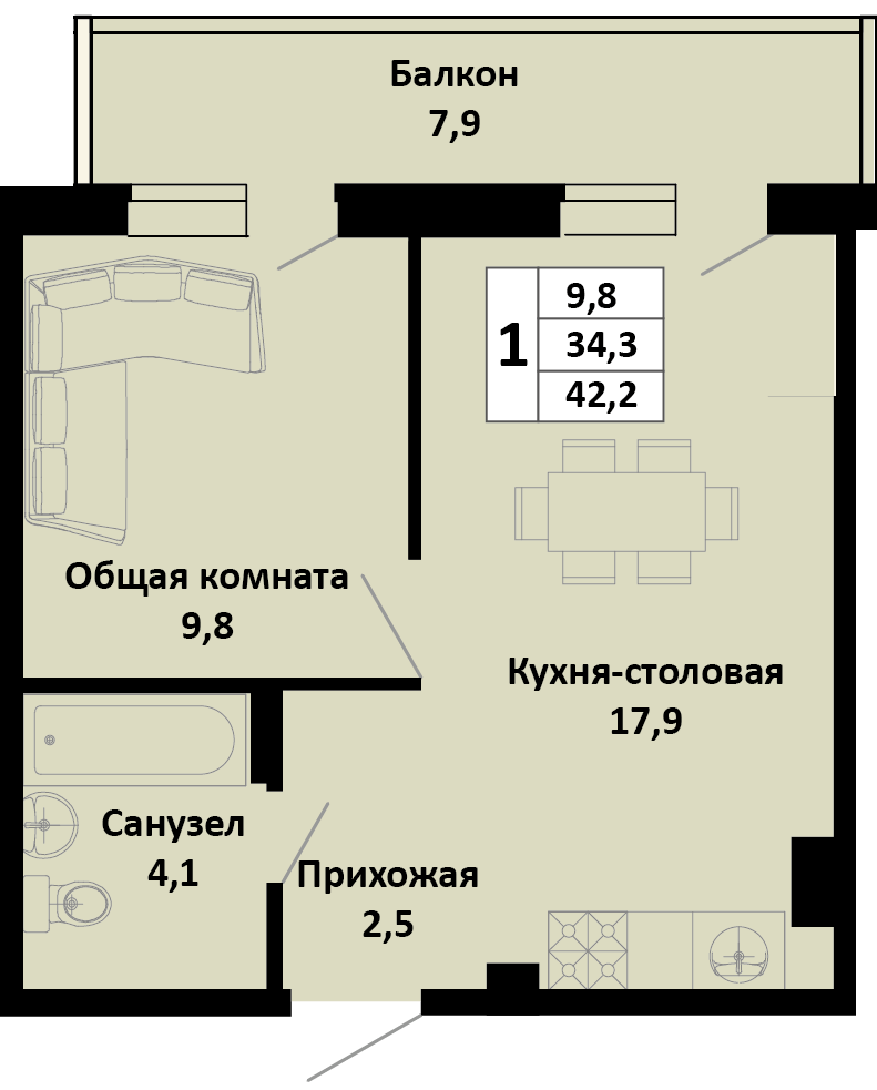 1-комнатная 42 м2 в ЖК Южные соседи корпус null этаж 3