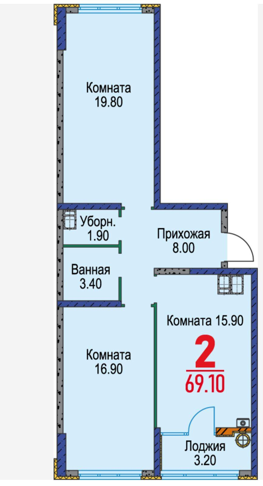 2-комнатная 69.1 м2 в ЖК undefined корпус null этаж 10