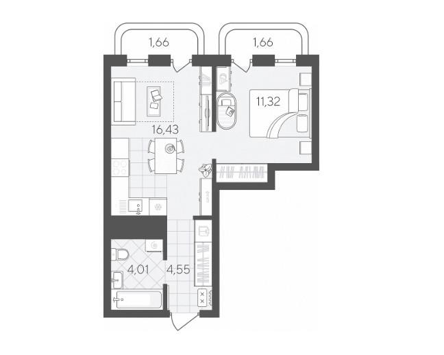 1-комнатная 39.6 м2 в ЖК undefined корпус null этаж 7