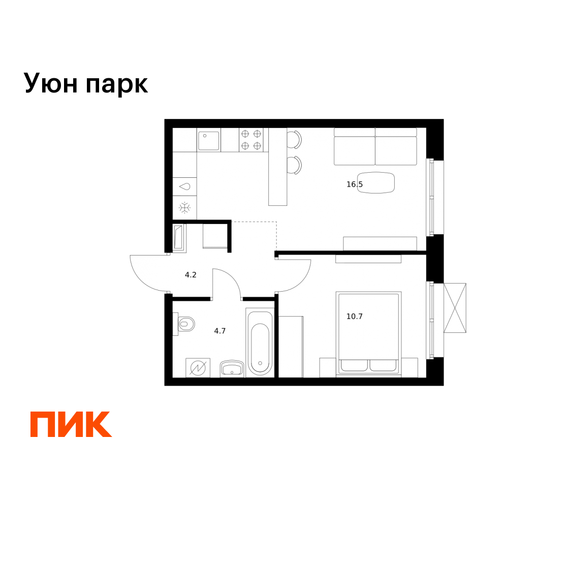 1-комнатная 36 м2 в ЖК Уюн парк корпус null этаж 12