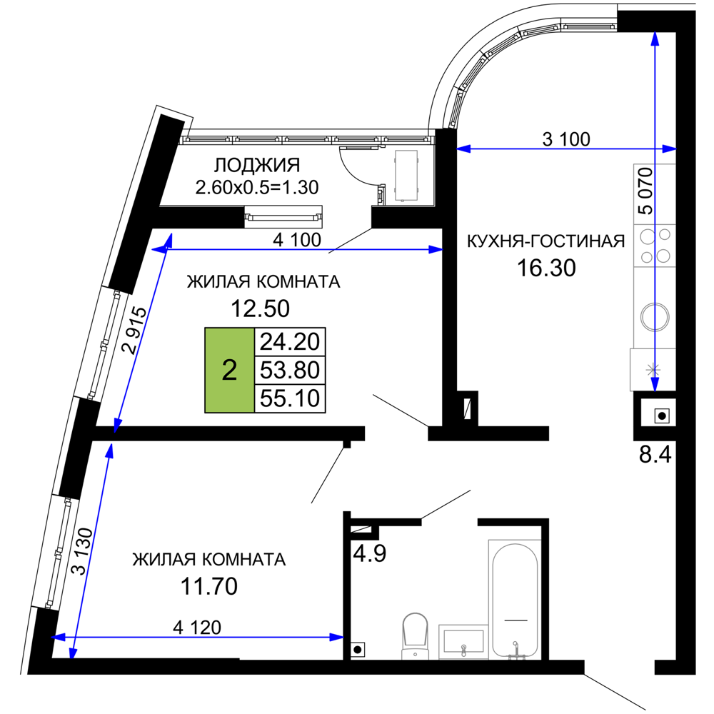 2-комнатная 55 м2 в ЖК Фонтаны корпус null этаж 2