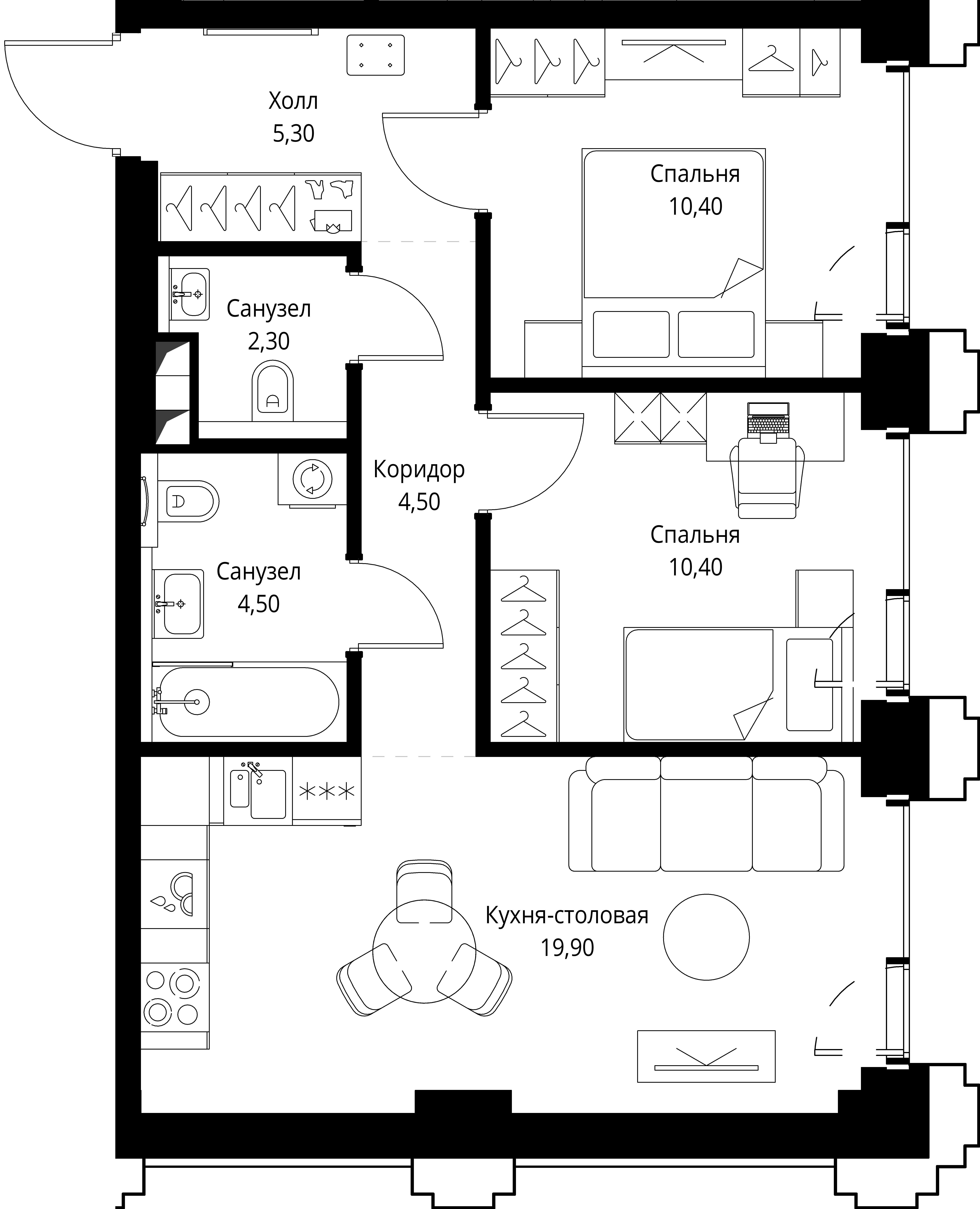 2-комнатная 57 м2 в ЖК СЕТ корпус null этаж 4