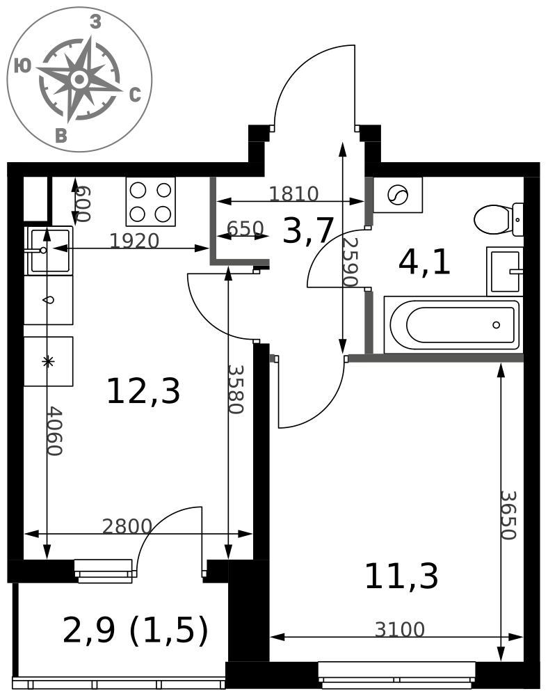 1-комнатная 32 м2 в ЖК 1-й Ясеневский корпус null этаж 2