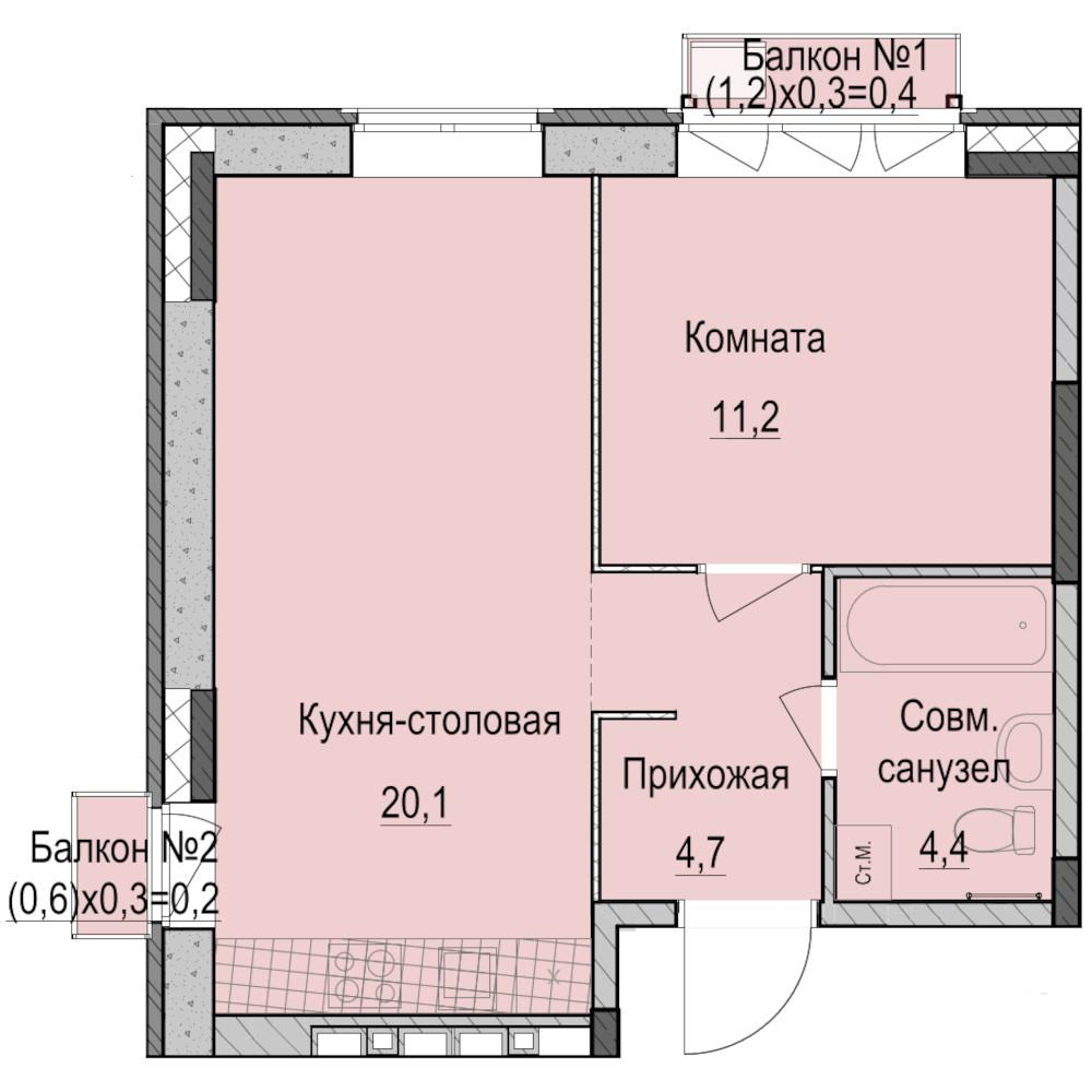 1-комнатная 41 м2 в ЖК Фермаполис корпус null этаж 3