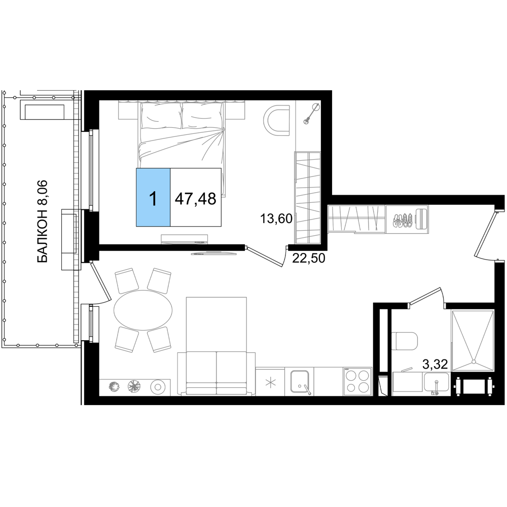 2-комнатная 47 м2 в ЖК Корсаков корпус null этаж 8