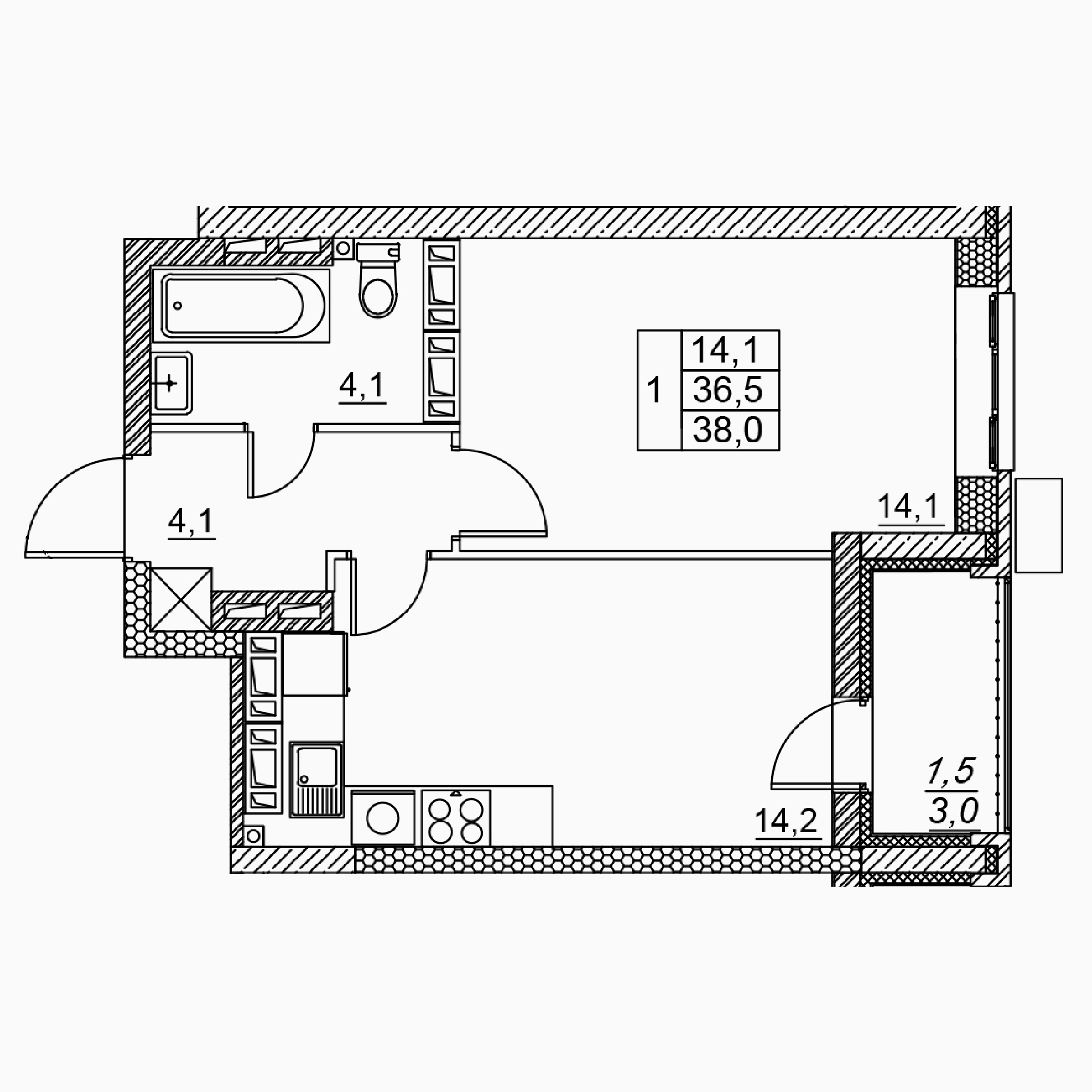 1-комнатная 38 м2 в ЖК Засекин корпус null этаж 15