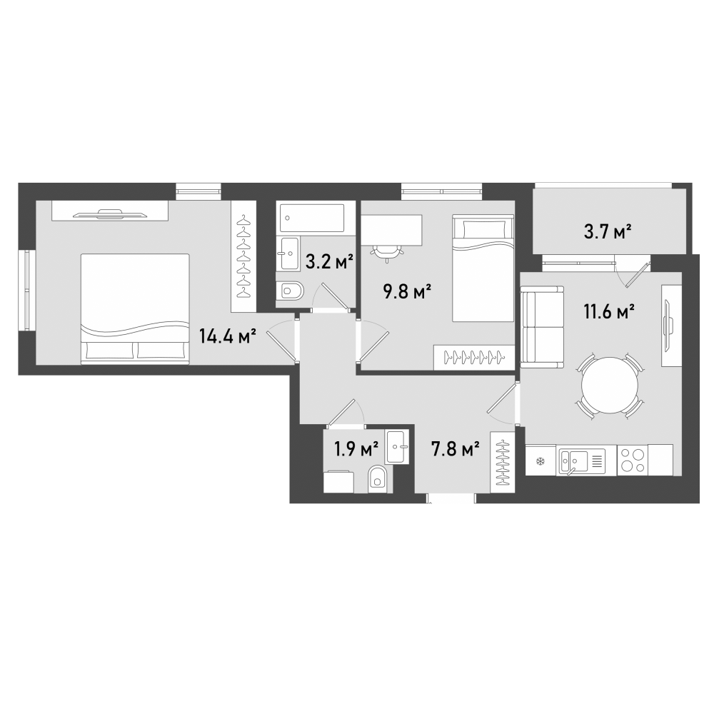 2-комнатная 52 м2 в ЖК Кислород корпус null этаж 9