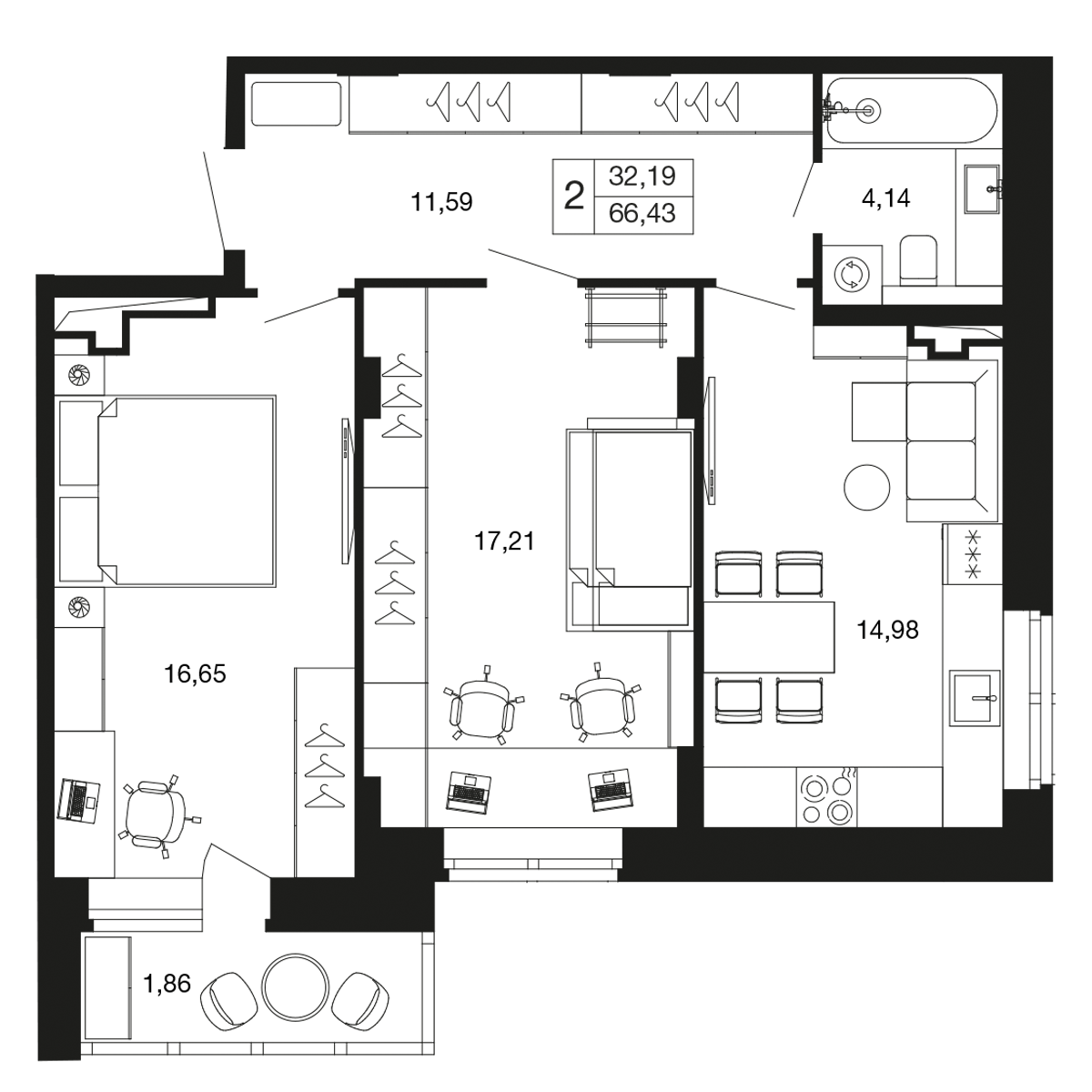 2-комнатная 66 м2 в ЖК Времена года корпус null этаж 4
