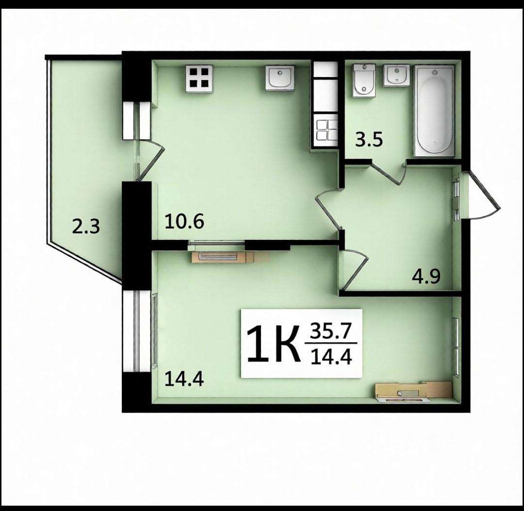 1-комнатная 36 м2 в ЖК undefined корпус null этаж 13