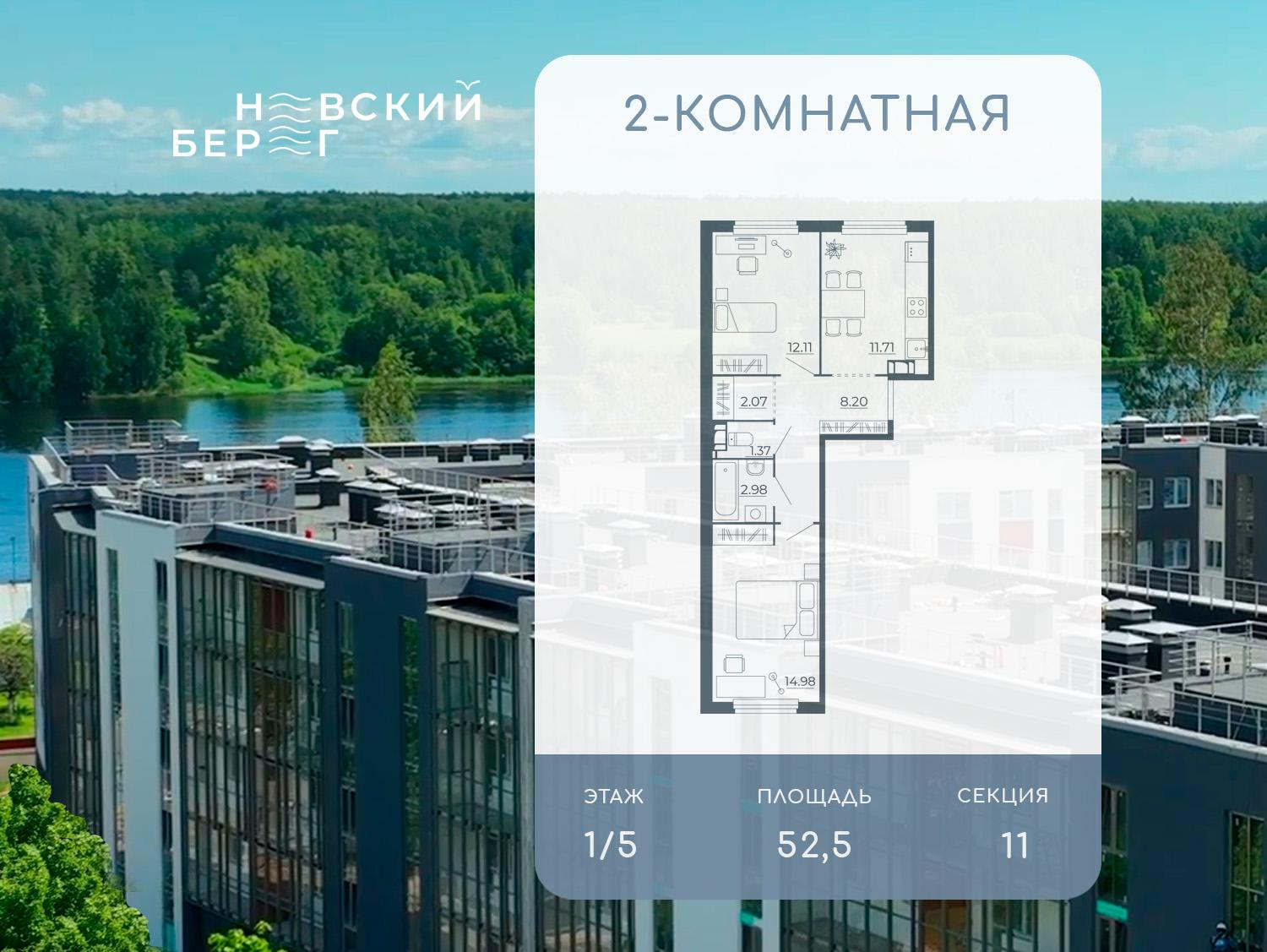 2-комнатная 52 м2 в ЖК Невский берег (Дубровка) корпус null этаж 1