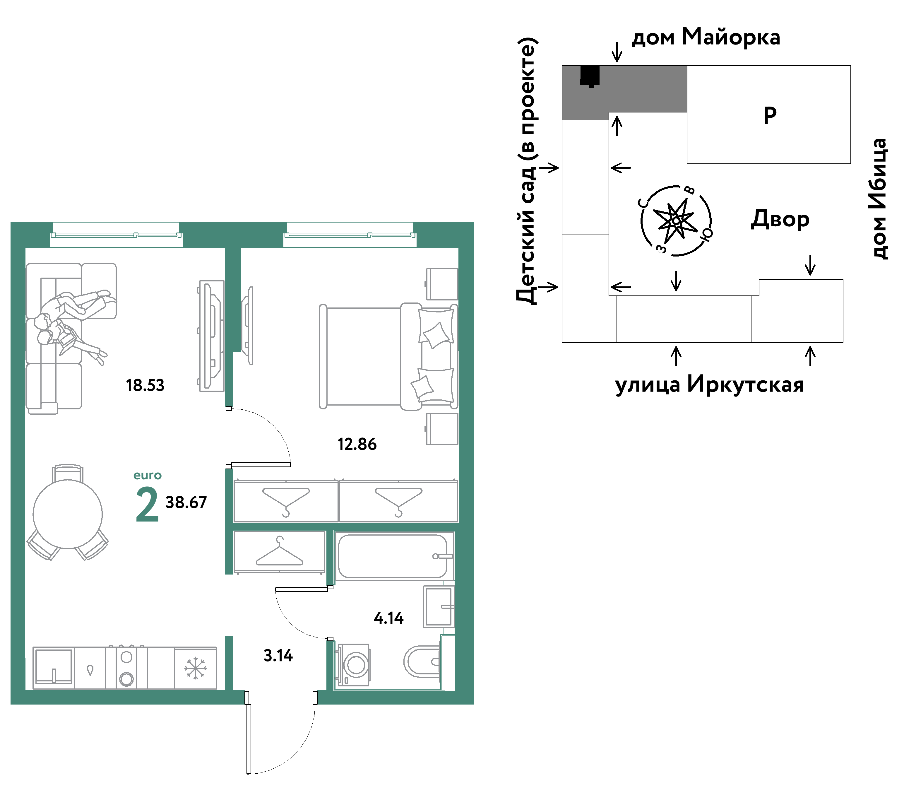 2-комнатная 38 м2 в ЖК Остров-сад корпус null этаж 17