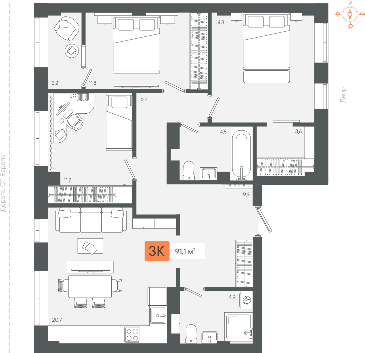 3-комнатная 91 м2 в ЖК Zori корпус null этаж 8