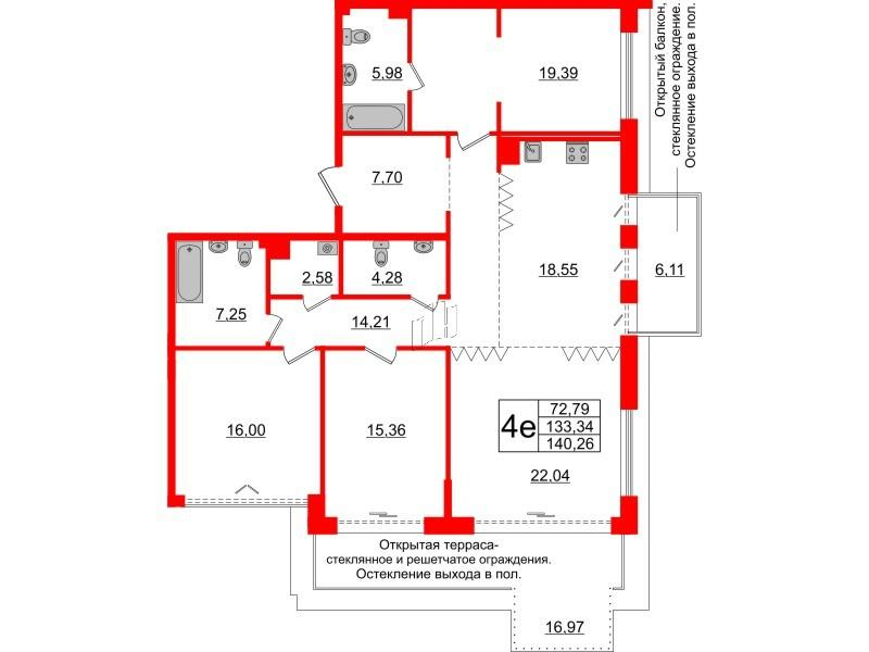 4-комнатная 133 м2 в ЖК Империал Клаб корпус null этаж 5