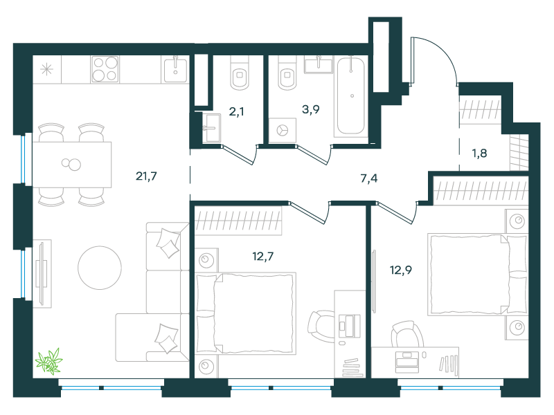2-комнатная 62 м2 в ЖК Level Лесной корпус null этаж 6