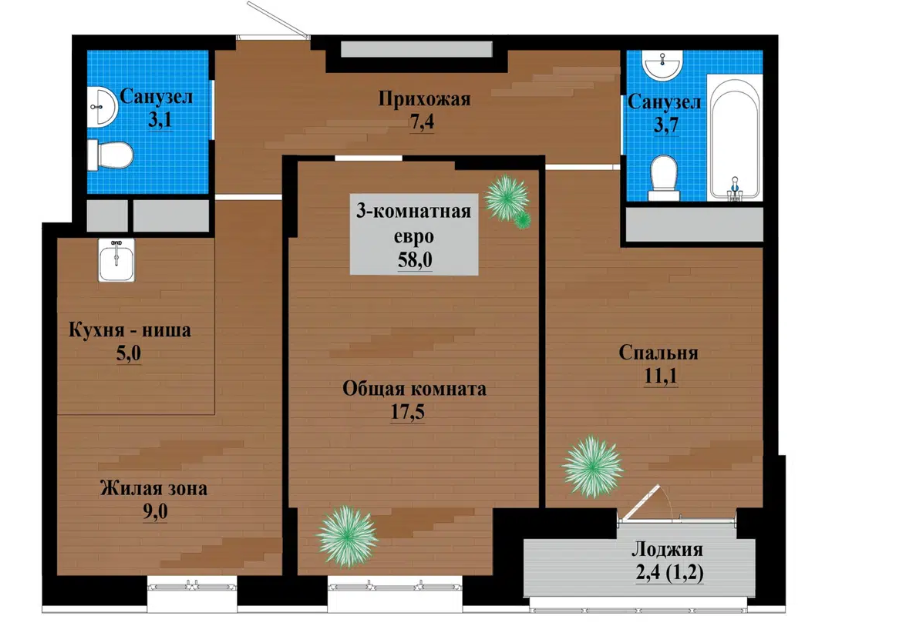 3-комнатная 63.7 м2 в ЖК undefined корпус null этаж 11