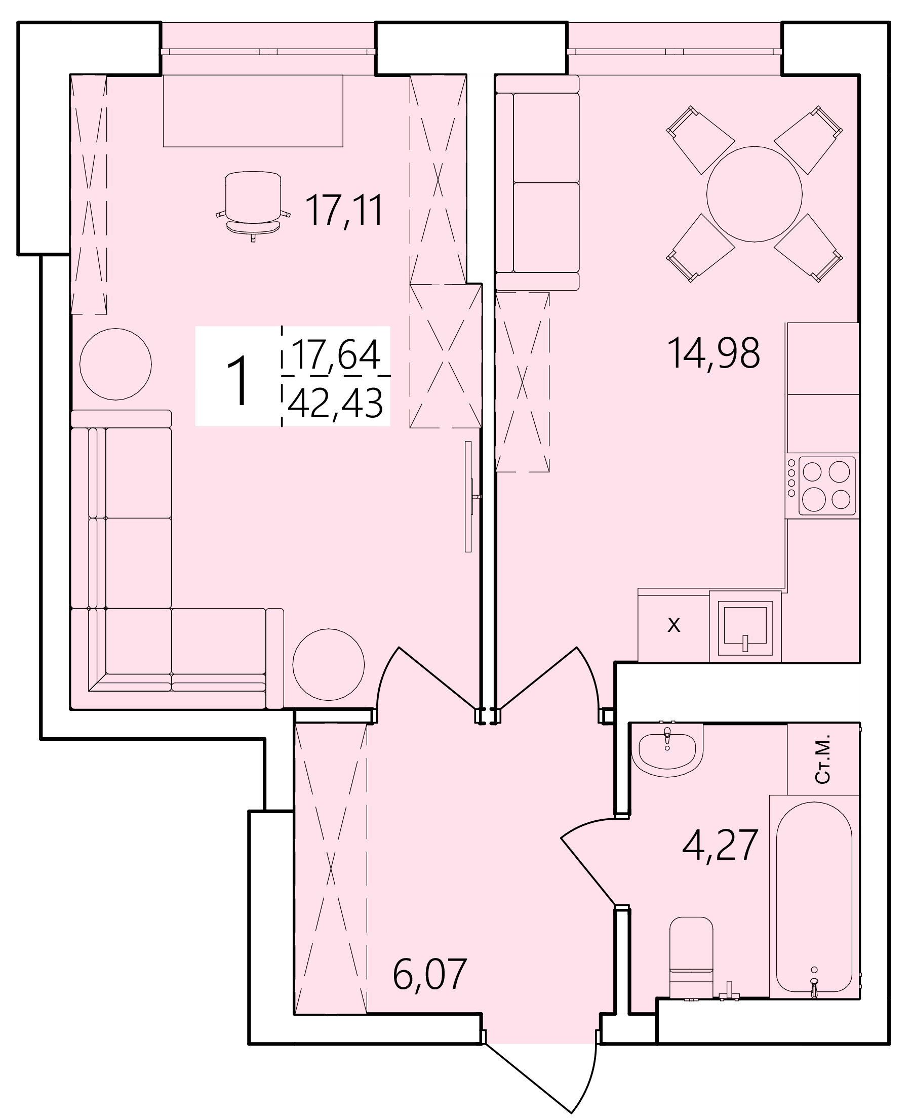 1-комнатная 42 м2 в ЖК Волна корпус null этаж 2