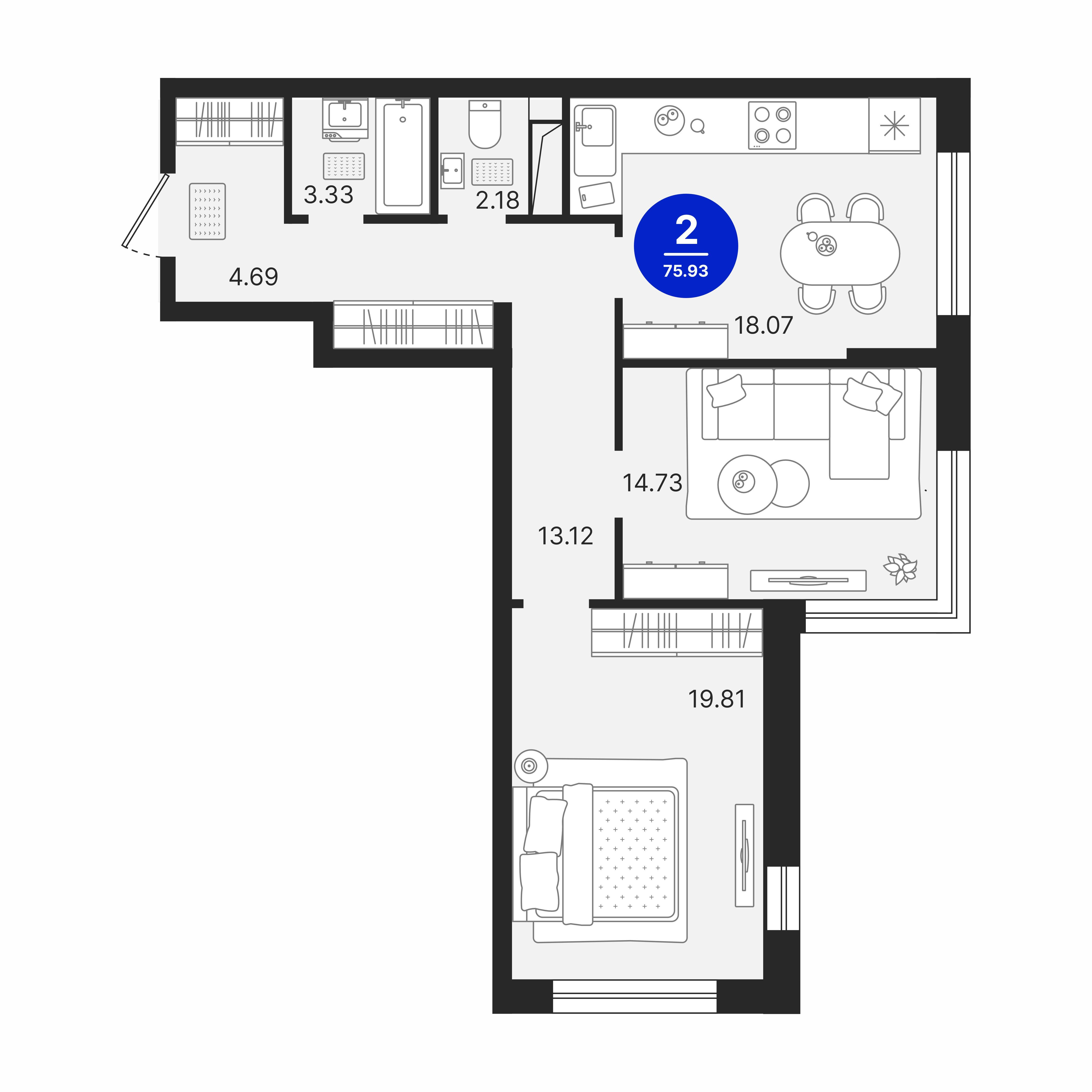 2-комнатная 75 м2 в ЖК Северное Сияние корпус null этаж 12