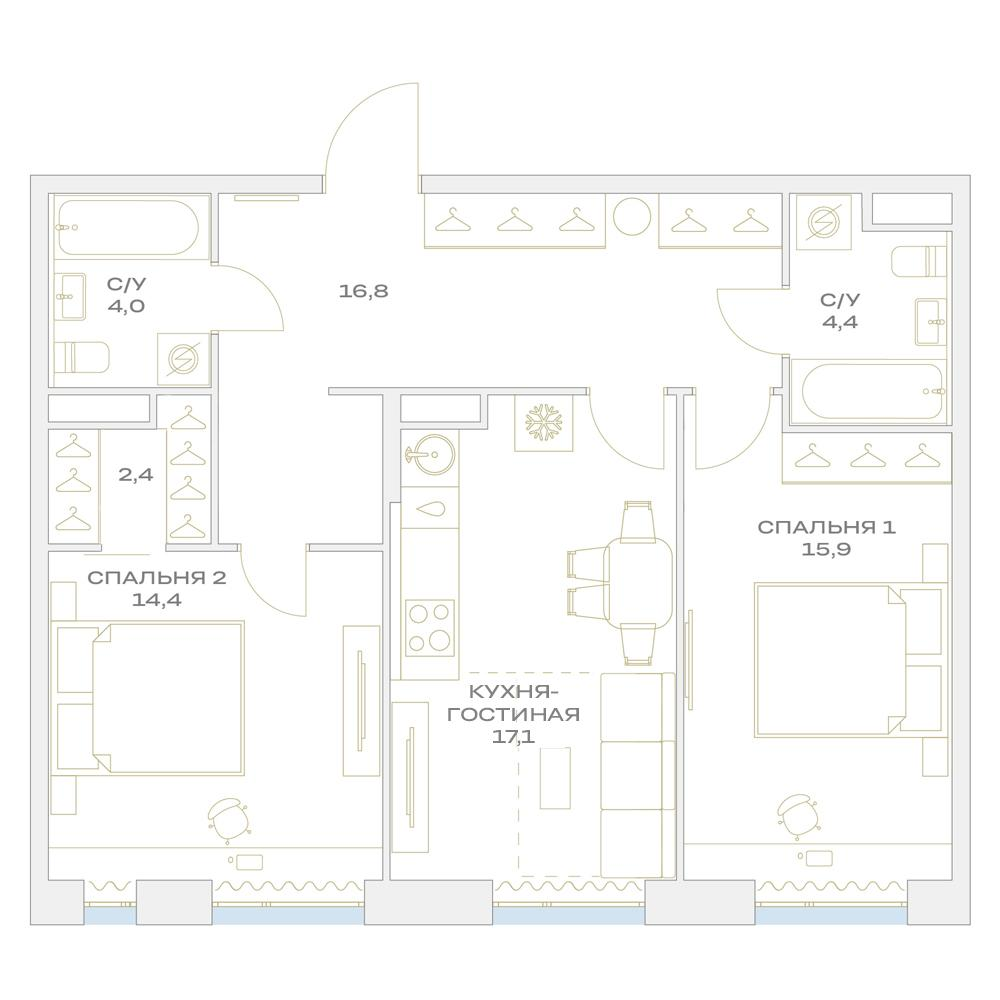 3-комнатная 75 м2 в ЖК Детали корпус null этаж 4