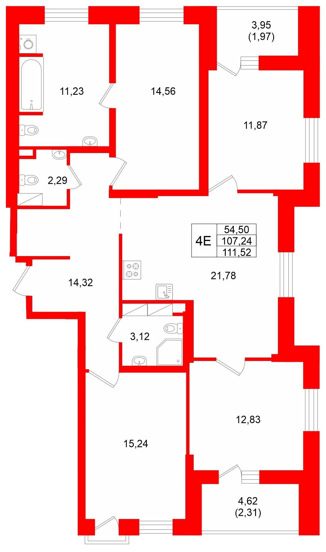 4-комнатная 111 м2 в ЖК Северная Долина корпус null этаж 2