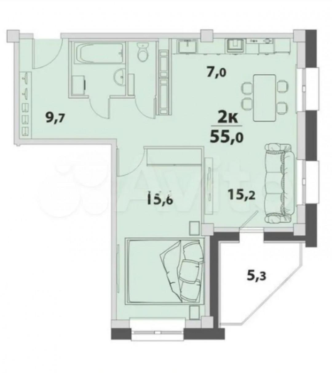 2-комнатная 55 м2 в ЖК undefined корпус null этаж 9