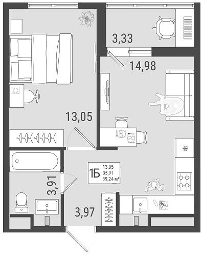 1-комнатная 37 м2 в ЖК Юго Западный корпус null этаж 2