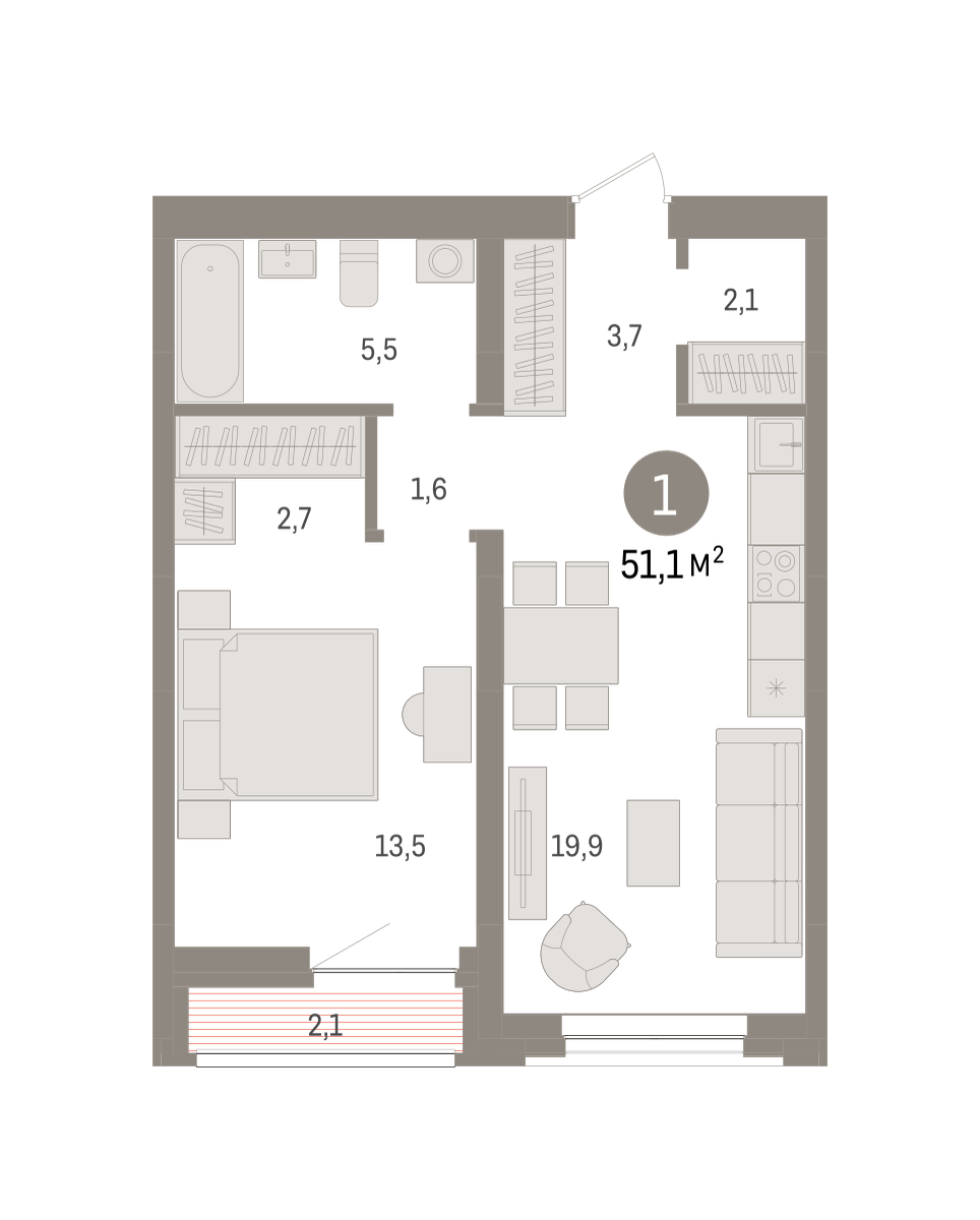 1-комнатная 51 м2 в ЖК Речной порт корпус null этаж 5