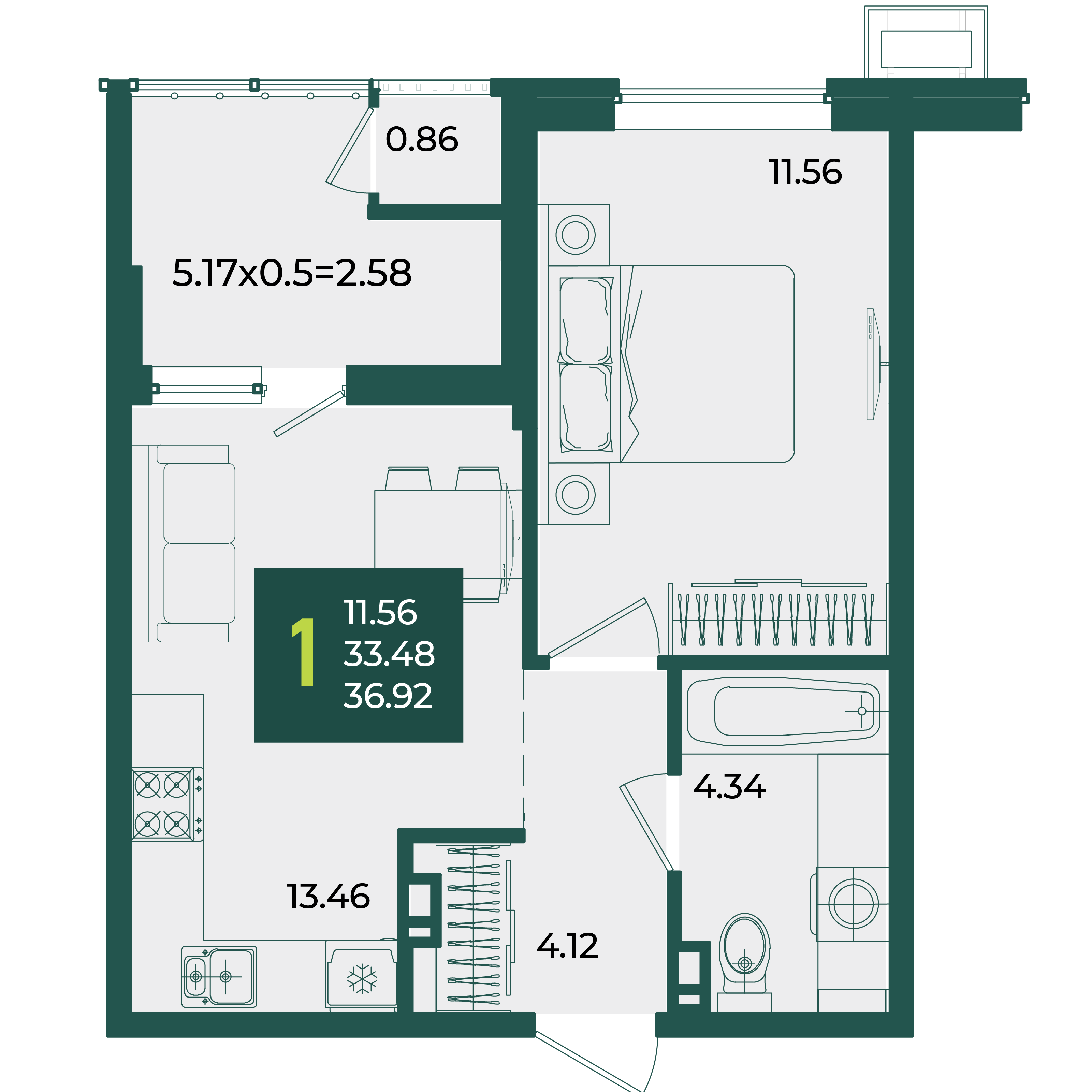 1-комнатная 36 м2 в ЖК Образцово корпус null этаж 5