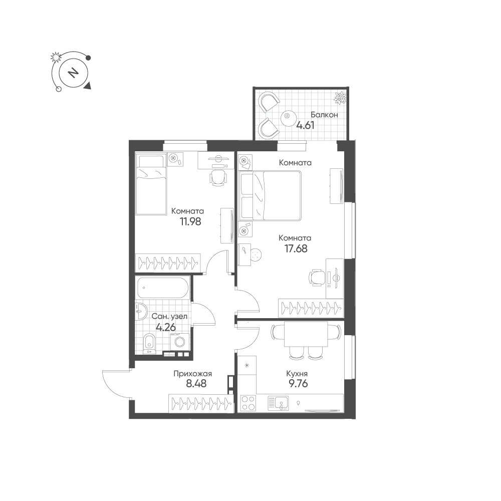 2-комнатная 53 м2 в ЖК Балтым-Парк корпус null этаж 5